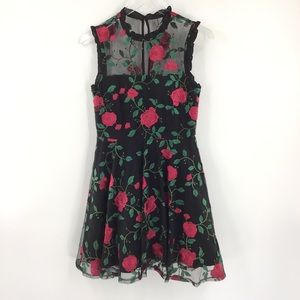 City Studio Black Mesh Rose Embroidered Dress